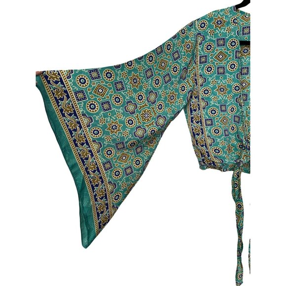 Raga Boho Tie-Front Top Size Small Sari Robe Bell Sleeve Teal NWT - Picture 2 of 4